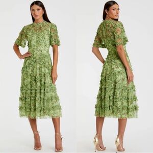 Mac Duggal 8010 Green Floral Flutter Sleeve Mesh Print Dress NWT Sage